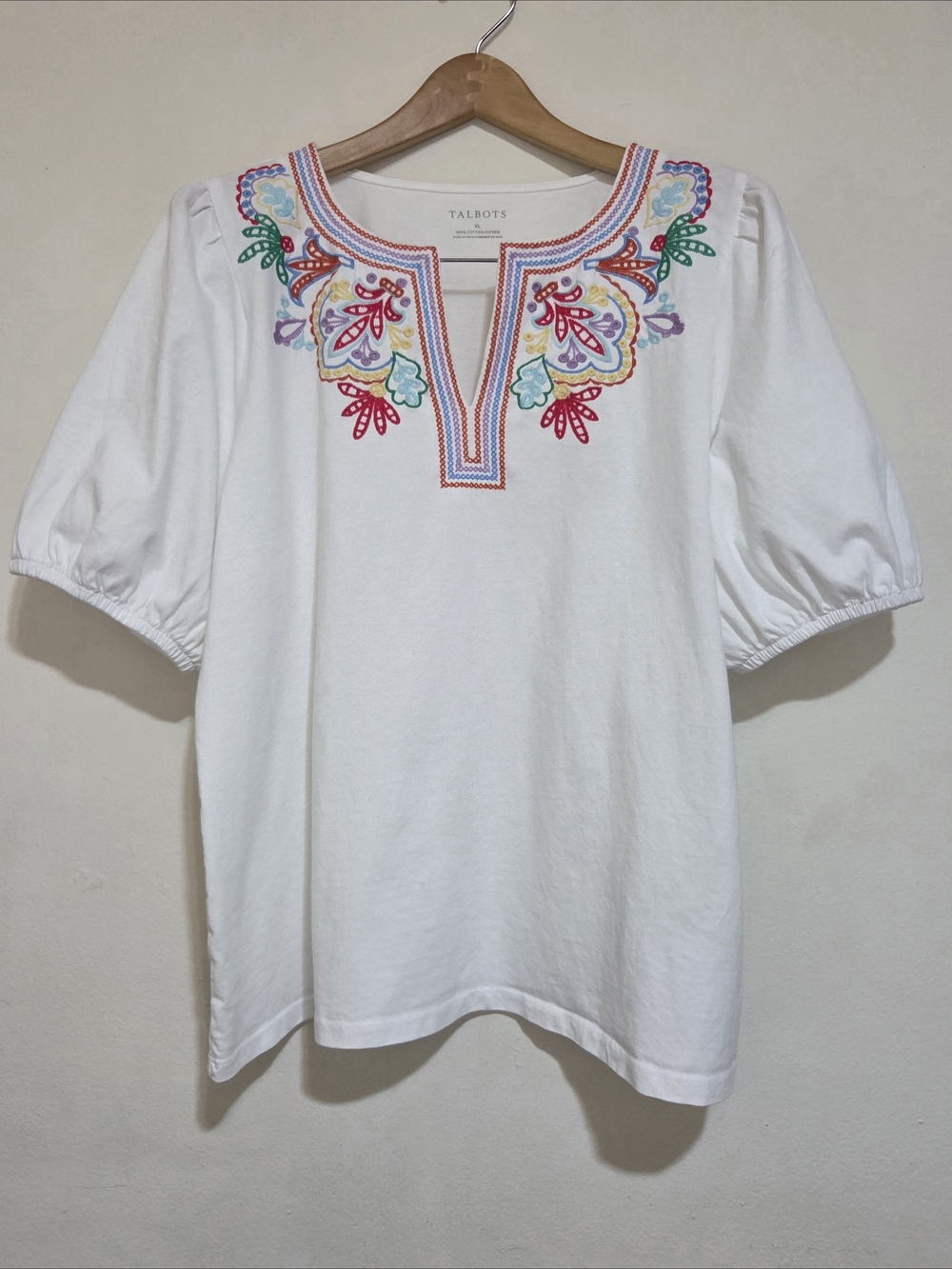 Talbots Embroidered Split Neck Top